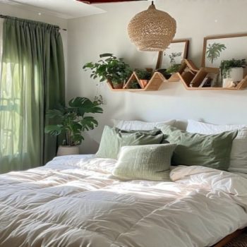 green and white boho bedroom