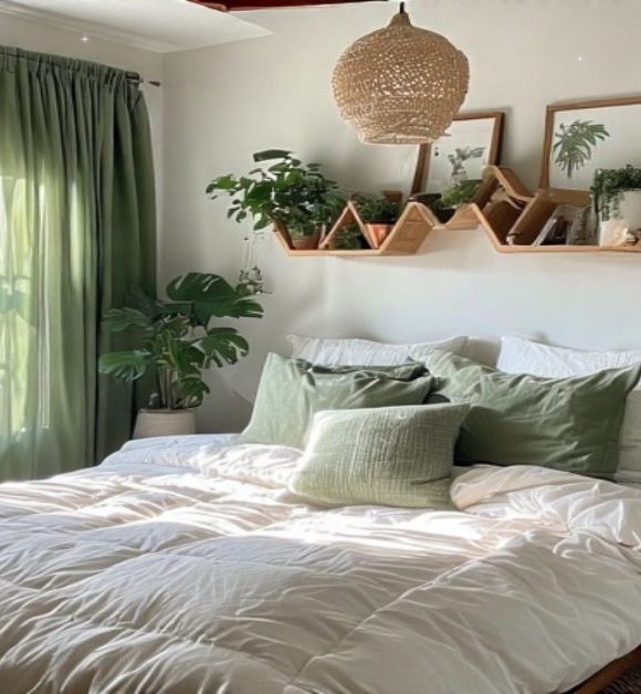 green and white boho bedroom
