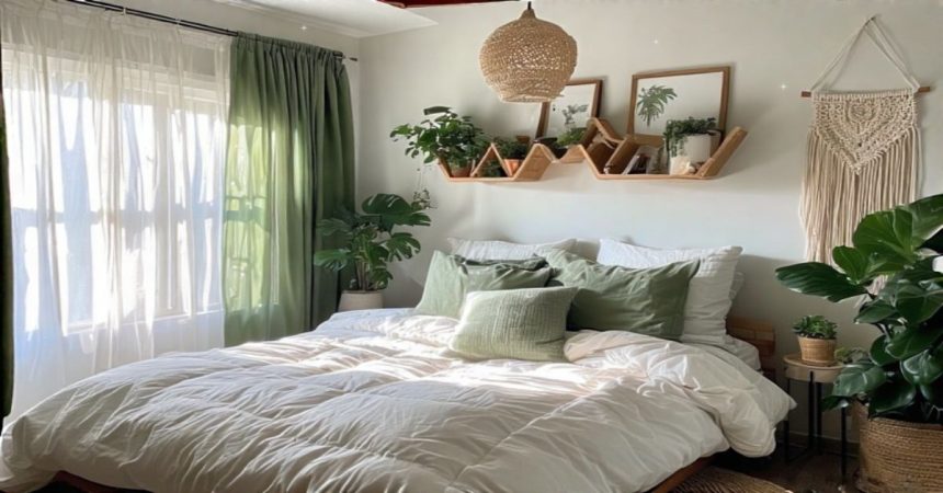 green and white boho bedroom