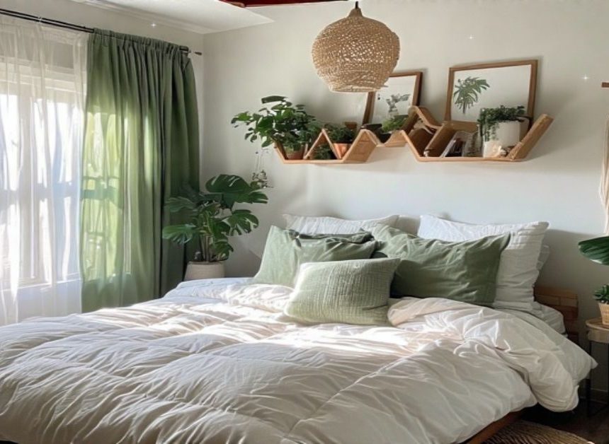 green and white boho bedroom