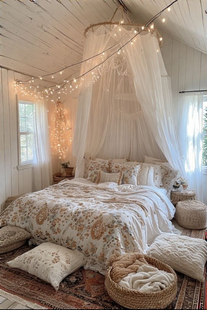Boho Bedroom with Canopy and Fairy Lights