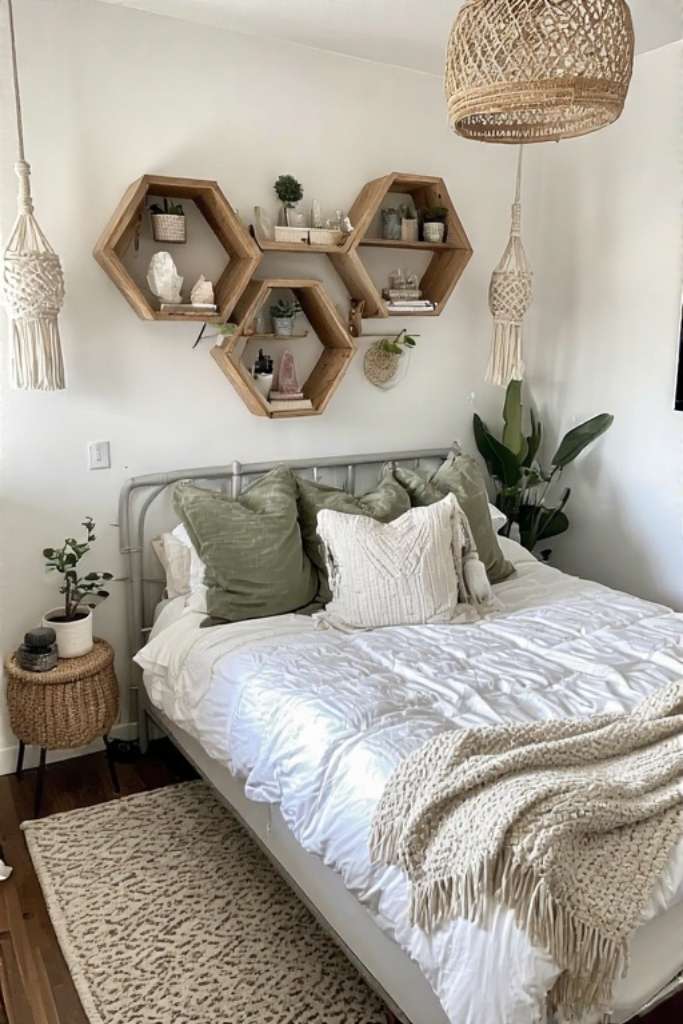 Boho Bedroom with Honeycomb Shelves