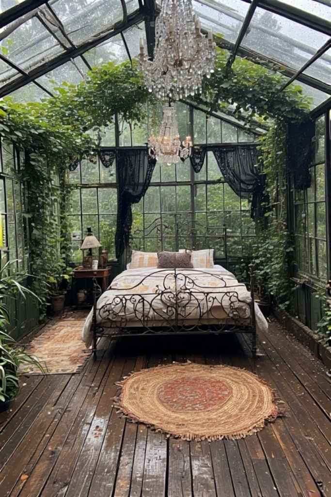 Boho-Meets-Gothic Greenhouse Bedroom
