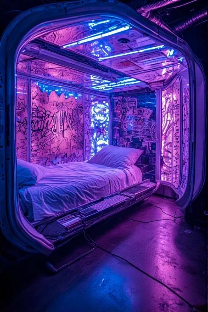 Cyberpunk Neon Capsule Bedroom