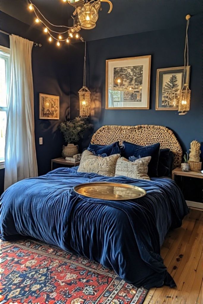 Navy Blue & Gold Boho Bedroom