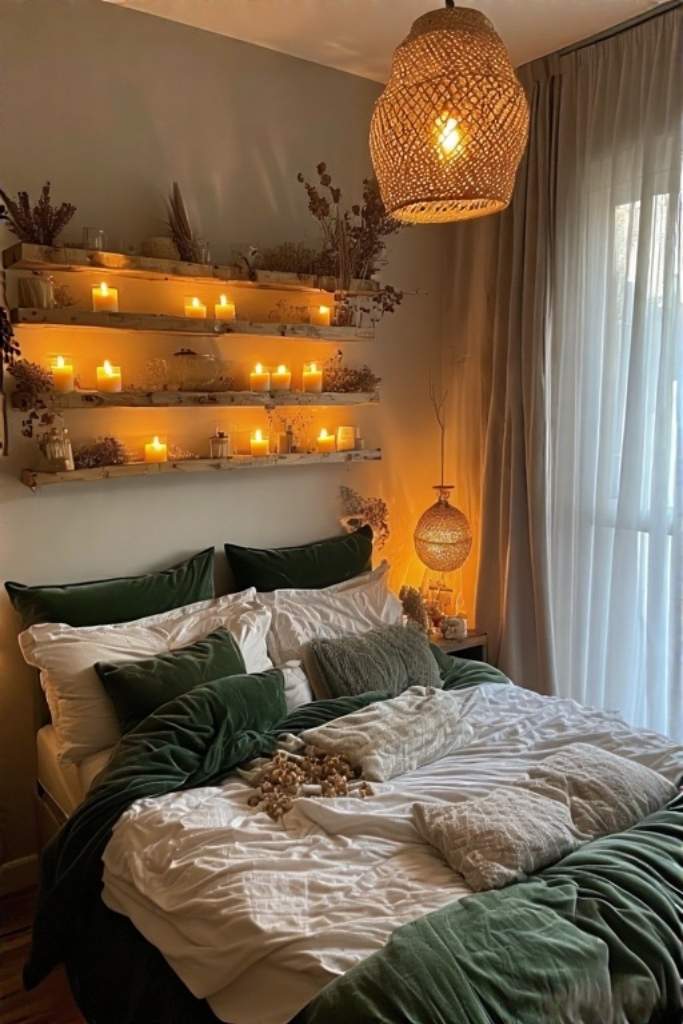 Warm Boho Lighting with Shelf Decor